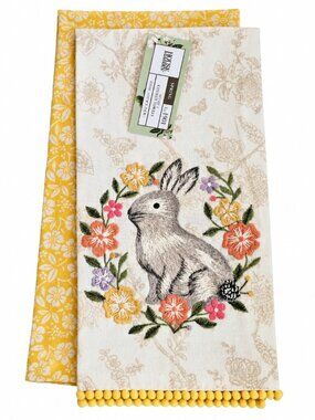 House & Garden Easter Bunny Kitchen Towels Set of 2 Embroidered Cotton Spring